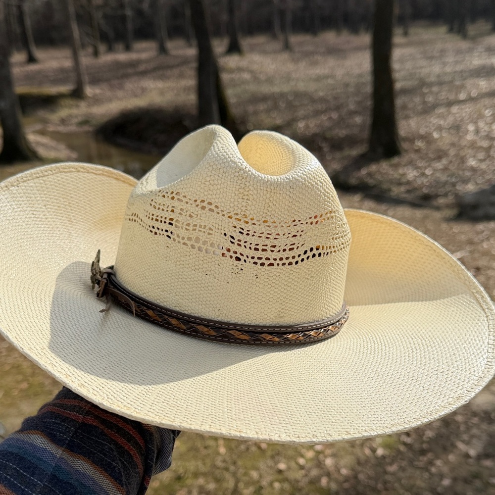 Bull Ranch Cream Straw Cowboy Hat with Brown Band - Picture 2 of 10